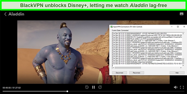 Screenshot of Aladdin on Disney+ while BlackVPN is connected to the US Central streaming server via the OpenVPN client