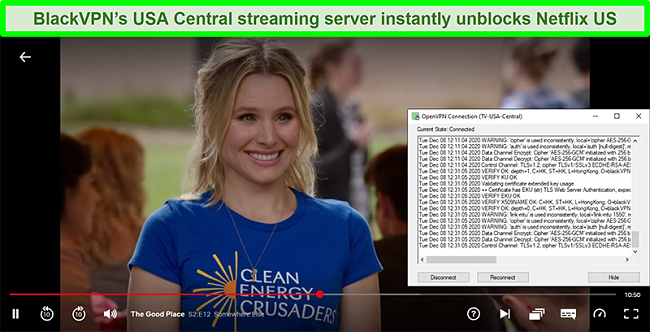 Screenshot of The Good Place on Netflix while BlackVPN is connected to the US Central streaming server via the OpenVPN client