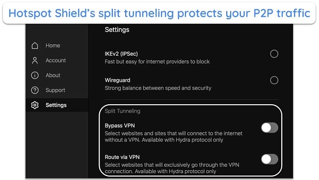 Screenshot of Hotspot Shield's split tunneling feature under its Settings menu