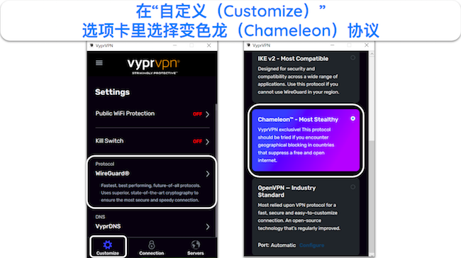 VyprVPN 协议设置的屏幕截图