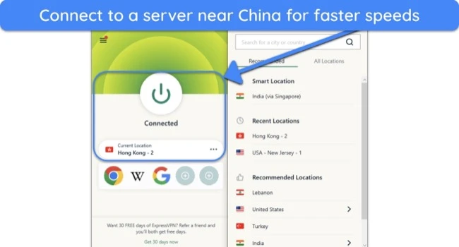 Screenshot showing ExpressVPN connected to a server in a country near China