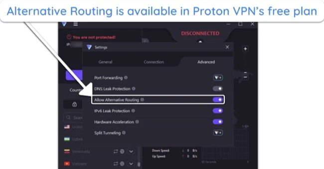 Screenshot showing Proton VPN's Alternative Routing feature available to use in the free plan