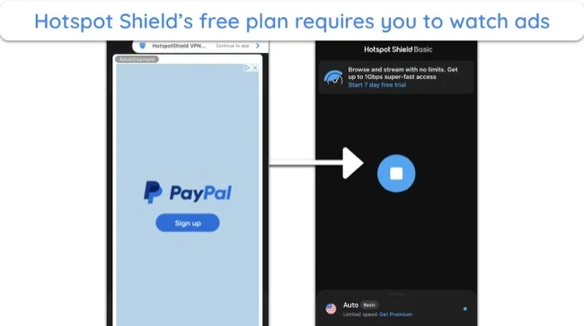 Screenshot showing how to connect to Hotspot Shield after watching an ad