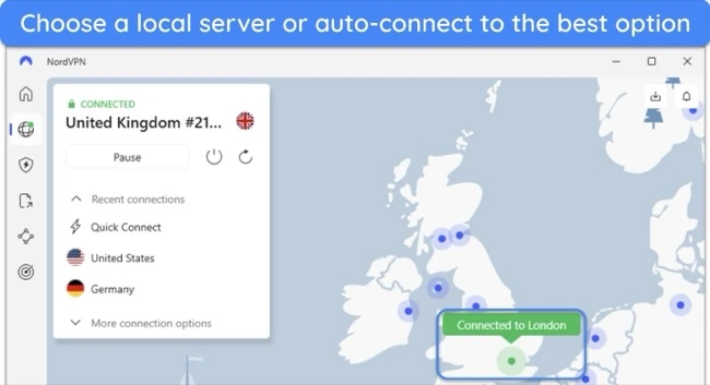 image of NordVPN's Windows app while connected to a London - UK server.