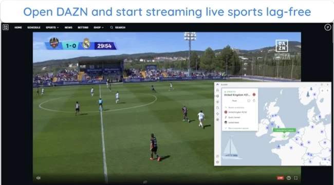 screenshot of DAZN streaming live women's football while NordVPN is connected to a London-UK server.