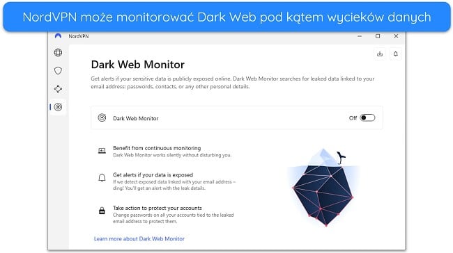 Obraz funkcji Dark Web Monitor NordVPN w aplikacji dla systemu Windows