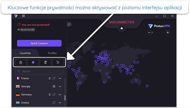 Obraz aplikacji Proton VPN dla systemu Windows, podkreślający niektóre funkcje prywatności w głównym interfejsie