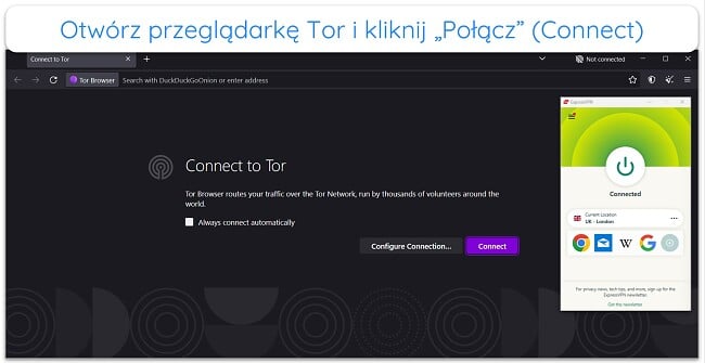 Obraz przeglądarki Tor przed połączeniem z siecią Tor, z ExpressVPN podłączonym do serwera w Wielkiej Brytanii i Londynie