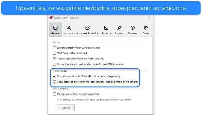 Obraz aplikacji ExpressVPN dla systemu Windows przedstawiający włączone opcje blokady sieci