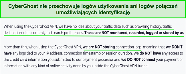 Zrzut ekranu przedstawiający politykę prywatności CyberGhost VPN