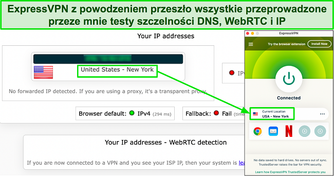 Obraz testu szczelności pokazujący, że ExpressVPN skutecznie ukrywa oryginalny adres IP użytkownika