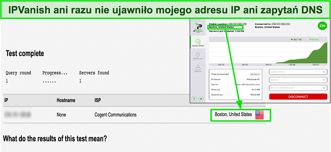 Obraz testu szczelności pokazujący, że IPVanish skutecznie ukrywa oryginalny adres IP użytkownika