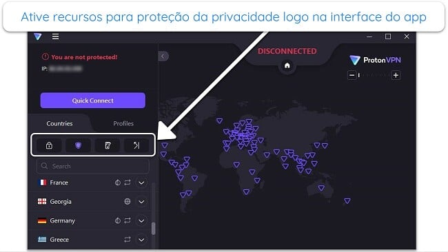 Imagem do aplicativo Proton VPN para Windows, destacando alguns recursos de privacidade na interface principal