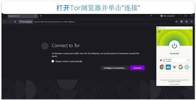 Image of Tor Browser before connecting to Tor network, with ExpressVPN connected to a UK-London server