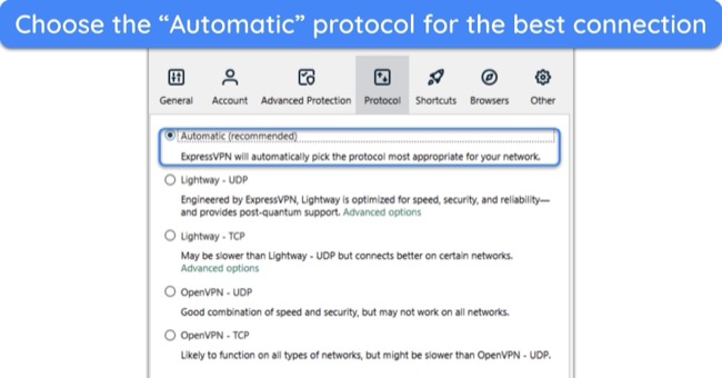 Screenshot showing how to set ExpressVPN to choose the best protocol automatically