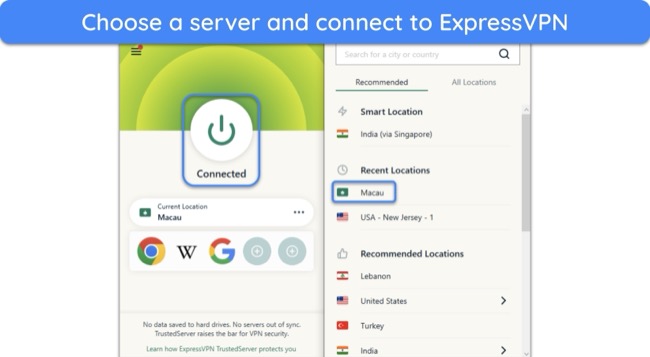 Screenshot showing how to connect to an ExpressVPN server in Macau