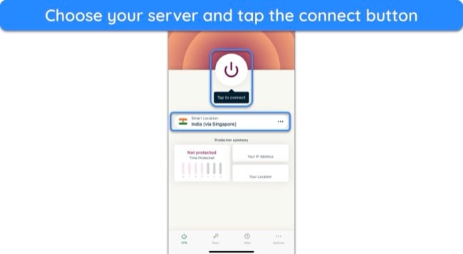 Screenshot showing how to connect to an ExpressVPN server on mobile devices