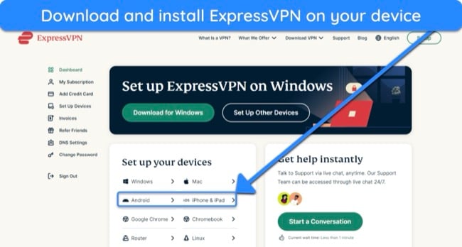 Screenshot showing how to download ExpressVPN for Android or iOS