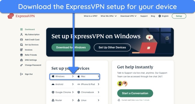 Screenshot showing how to download ExpressVPN for Windows/macOS from the official website