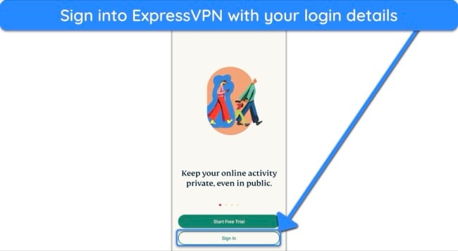 Screenshot showing how to sign into ExpressVPN on mobile devices