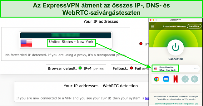 A szivárgásteszt képe, amely azt mutatja, hogy az ExpressVPN sikeresen elrejti a felhasználó eredeti IP-címét