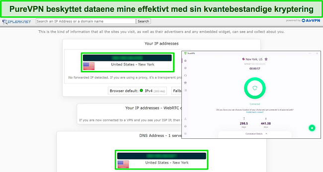 Skjermbilde av PureVPN koblet til en amerikansk server, med resultatene av en IPLeak-test som ikke viser datalekkasjer.