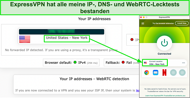 Bild des Lecktests, der zeigt, dass ExpressVPN die ursprüngliche IP-Adresse des Benutzers erfolgreich verbirgt