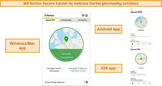 Screenshots von Norton Secure VPN-Apps für Windows, Mac, Android und iOS