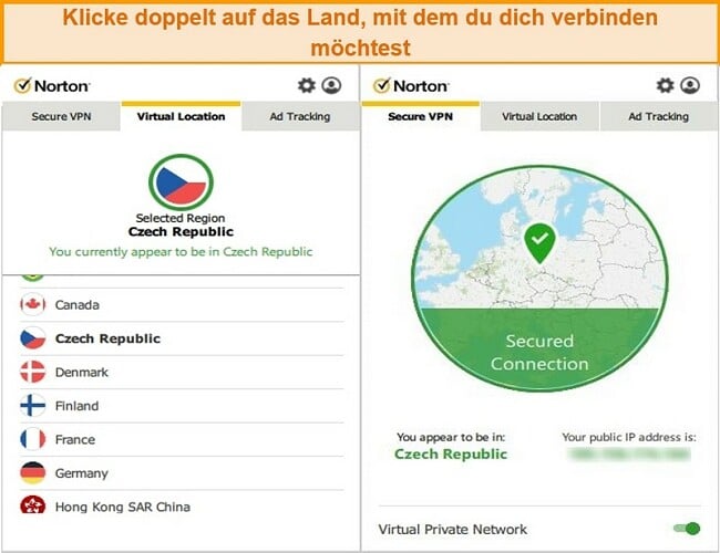 Screenshot von Norton Secure VPN, das mit einem Server in der Tschechischen Republik verbunden ist