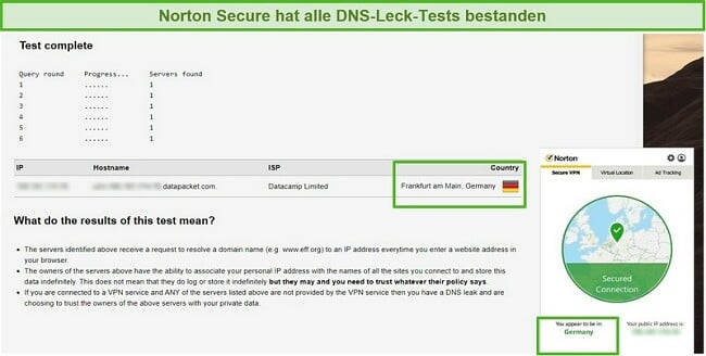 Screenshot von Norton Secure VPN, das einen DNS-Lecktest besteht