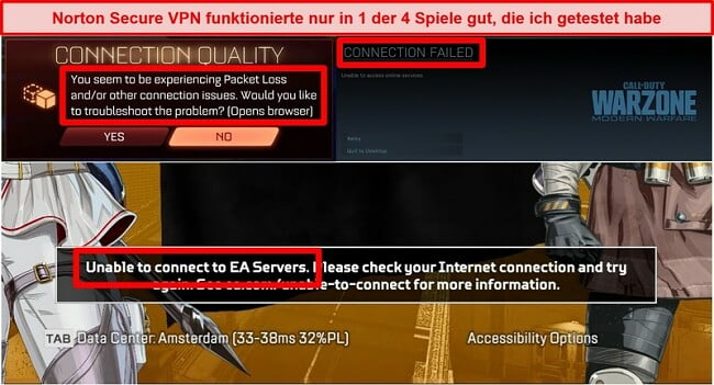 Screenshot von Norton Secure VPN, das Verbindungsprobleme in Online-Spielen verursacht