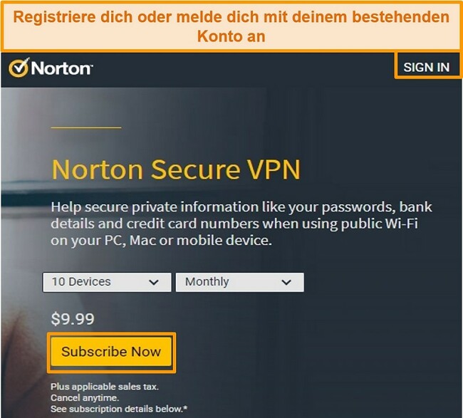 Screenshot der Kaufseite von Norton Secure VPN