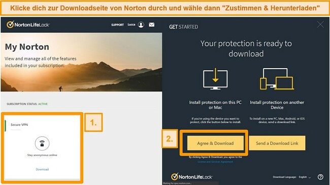 Screenshots von Norton Secure VPNs My Norton und Download-Seiten