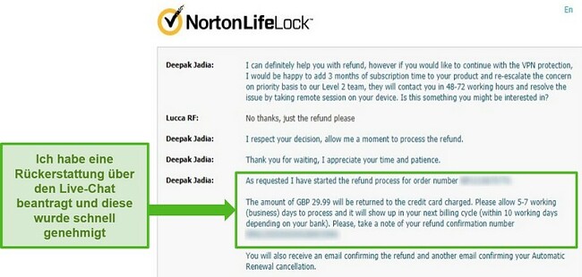 Screenshot des Antrags auf Rückerstattung über den 24/7-Live-Chat von Norton Secure VPN