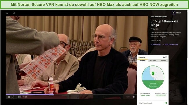 Screenshot von Norton Secure VPN, das HBO Max entsperrt und Streaming Curb Your Enthusiasm