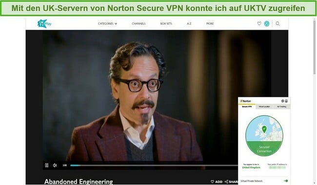 Screenshot von Norton Secure VPN, das UKTV entsperrt und Abandoned Engineering streamt