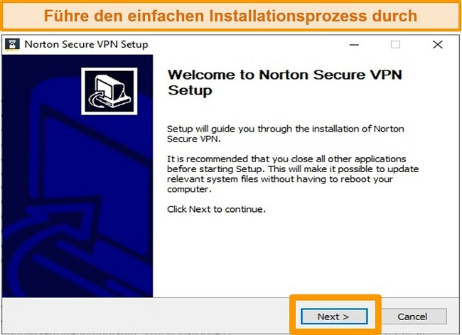 Screenshot des ersten Schritts des Windows-Installationsprozesses von Norton Secure VPN