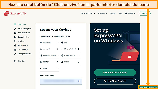 Captura de pantalla del panel de control de la cuenta ExpressVPN con el botón Chat en vivo resaltado.