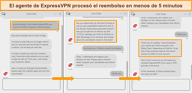 Capturas de pantalla del agente de chat en vivo de ExpressVPN procesando una solicitud de reembolso.