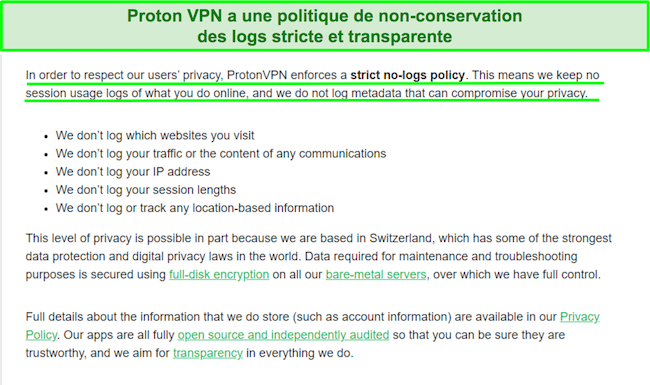 Capture d'écran d'une déclaration de confidentialité de Proton VPN sur ses pratiques de journalisation