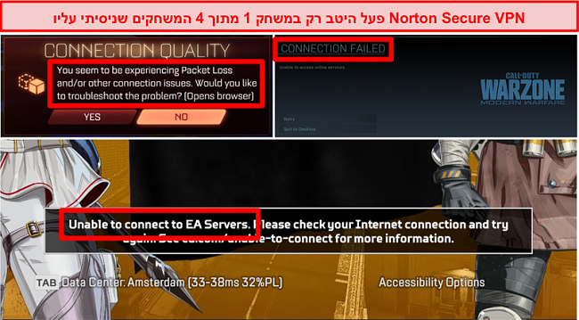 תמונת מסך של Norton Secure VPN הגורמת לבעיות קישוריות במשחקים מקוונים.