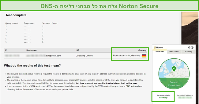 צילום מסך של Norton Secure VPN שעובר בדיקת דליפת DNS.