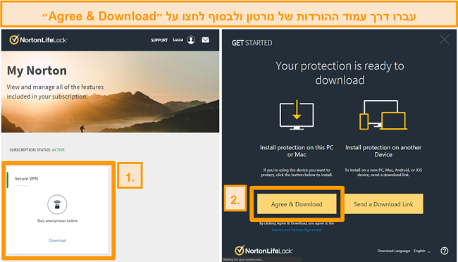 צילומי מסך של רשתות VPN מאובטחות של Norton ודפי הורדה שלי.