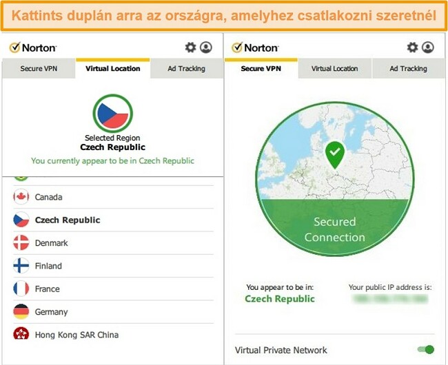 Pillanatkép a Norton Secure VPN-ről, amely egy csehországi szerverhez csatlakozik