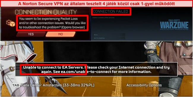 Pillanatkép a Norton Secure VPN-ről, amely kapcsolódási problémákat okoz az online játékokban