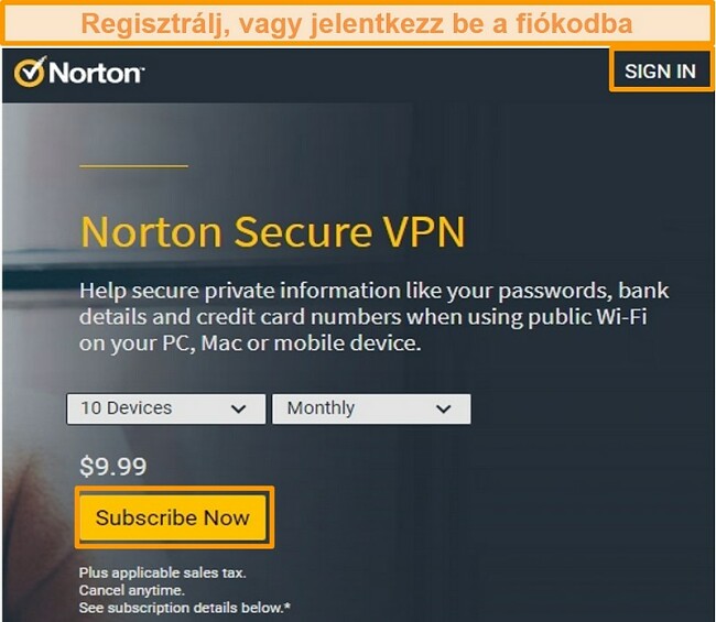 Pillanatkép a Norton Secure VPN vásárlási oldaláról