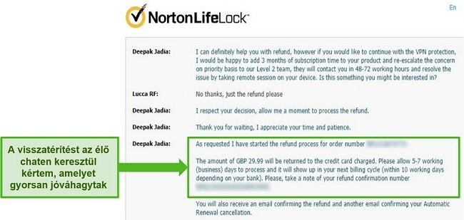 Pillanatkép a visszatérítés igényléséről a Norton Secure VPN 24/7 élő csevegésén keresztül