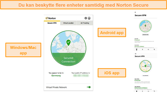 Skjermbilder av Norton Secure VPN Windows-, Mac-, Android- og iOS-apper.