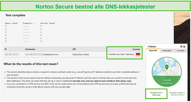 Skjermbilde av Norton Secure VPN som bestått en DNS-lekkasjetest.