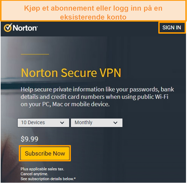 Skjermbilde av Norton Secure VPNs kjøpeside.